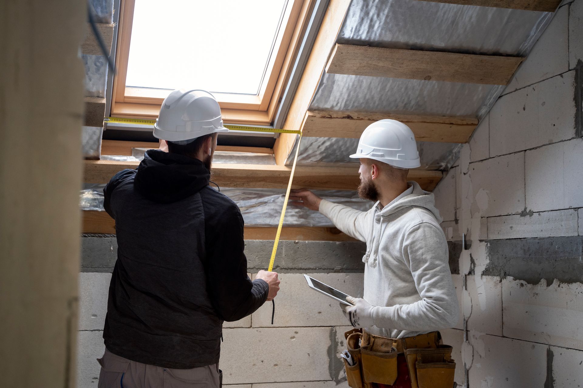 Two workers in hard hats measuring a skylight opening in an unfinished room
