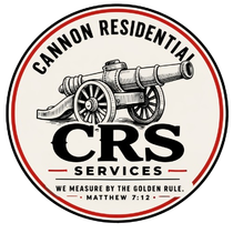 Cannon Residential Services logo with cannon illustration, red and black circular seal, Matthew 7:12 tagline
