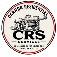 Cannon Residential Services logo with cannon illustration, black and red circular emblem, Matthew 7:12 slogan