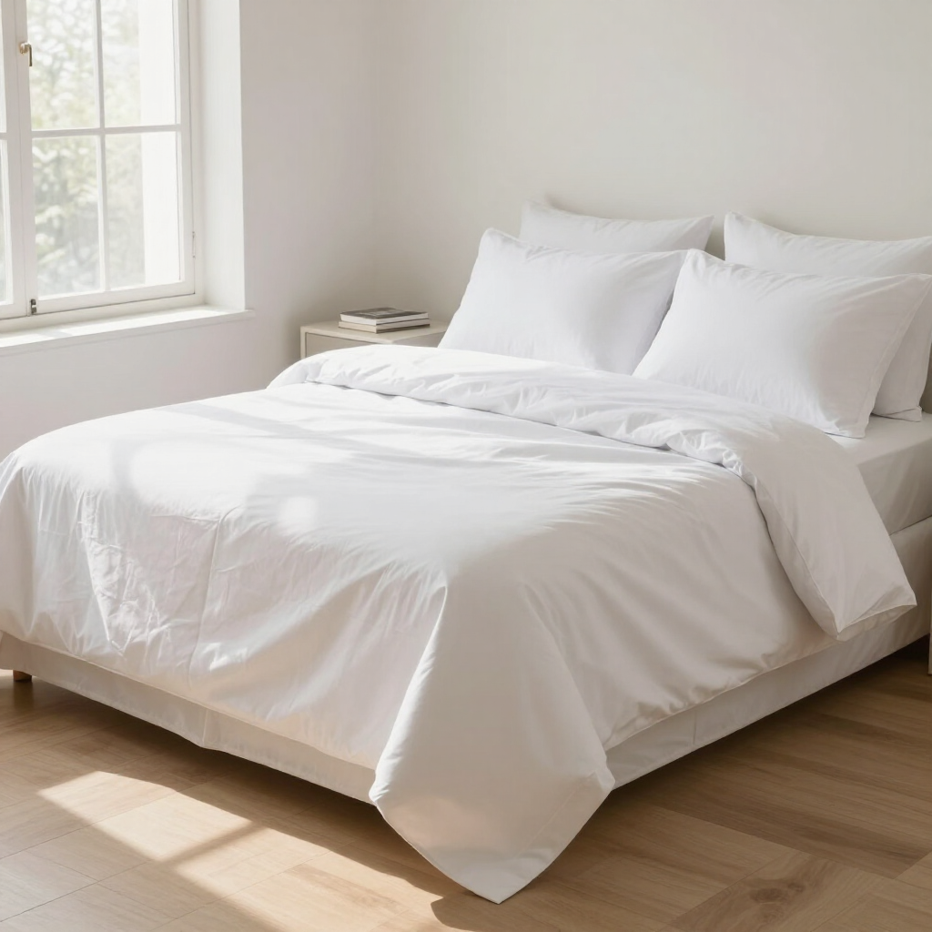 Bright white bed with pillows in a sunlit bedroom beside a window