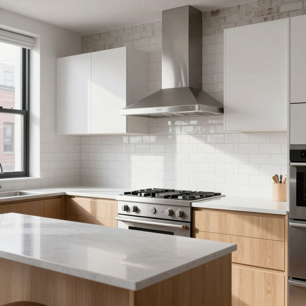 Bright modern kitchen with white cabinets, subway tile, stainless range hood, and a marble island counter