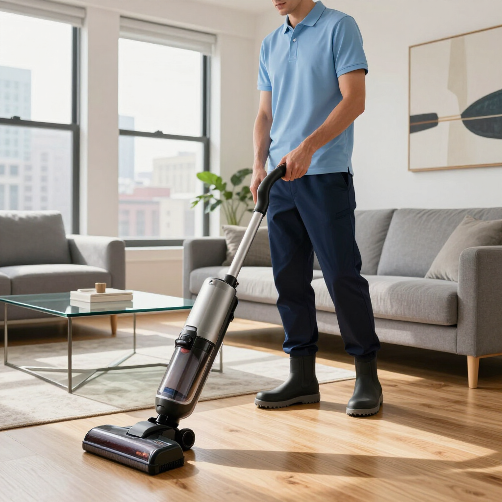 Person vacuuming a bright living room with a cordless stick vacuum.