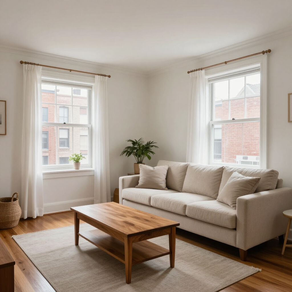 Bright living room with beige sofa, wooden coffee table, and two large windows with white curtains.
