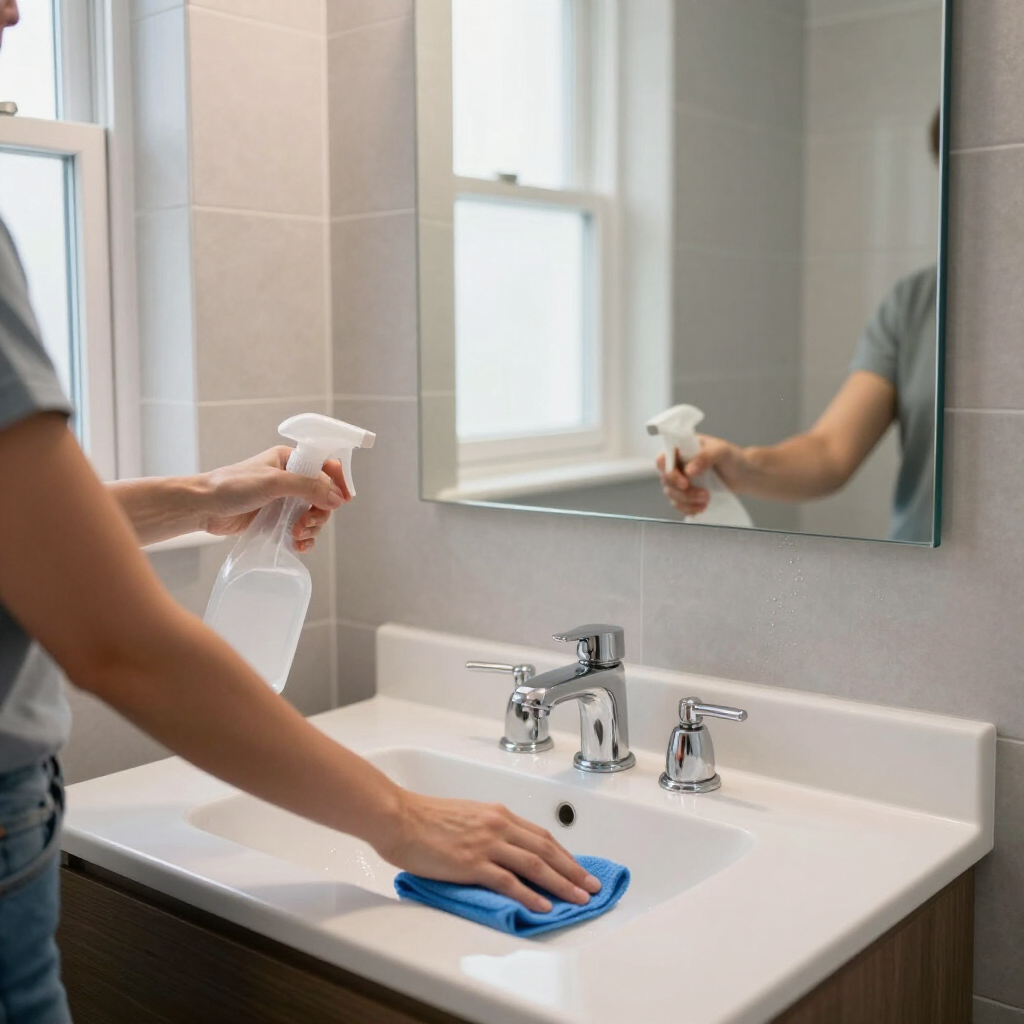 Person cleaning a bathroom sink with a blue cloth and spray bottle, seen in the mirror