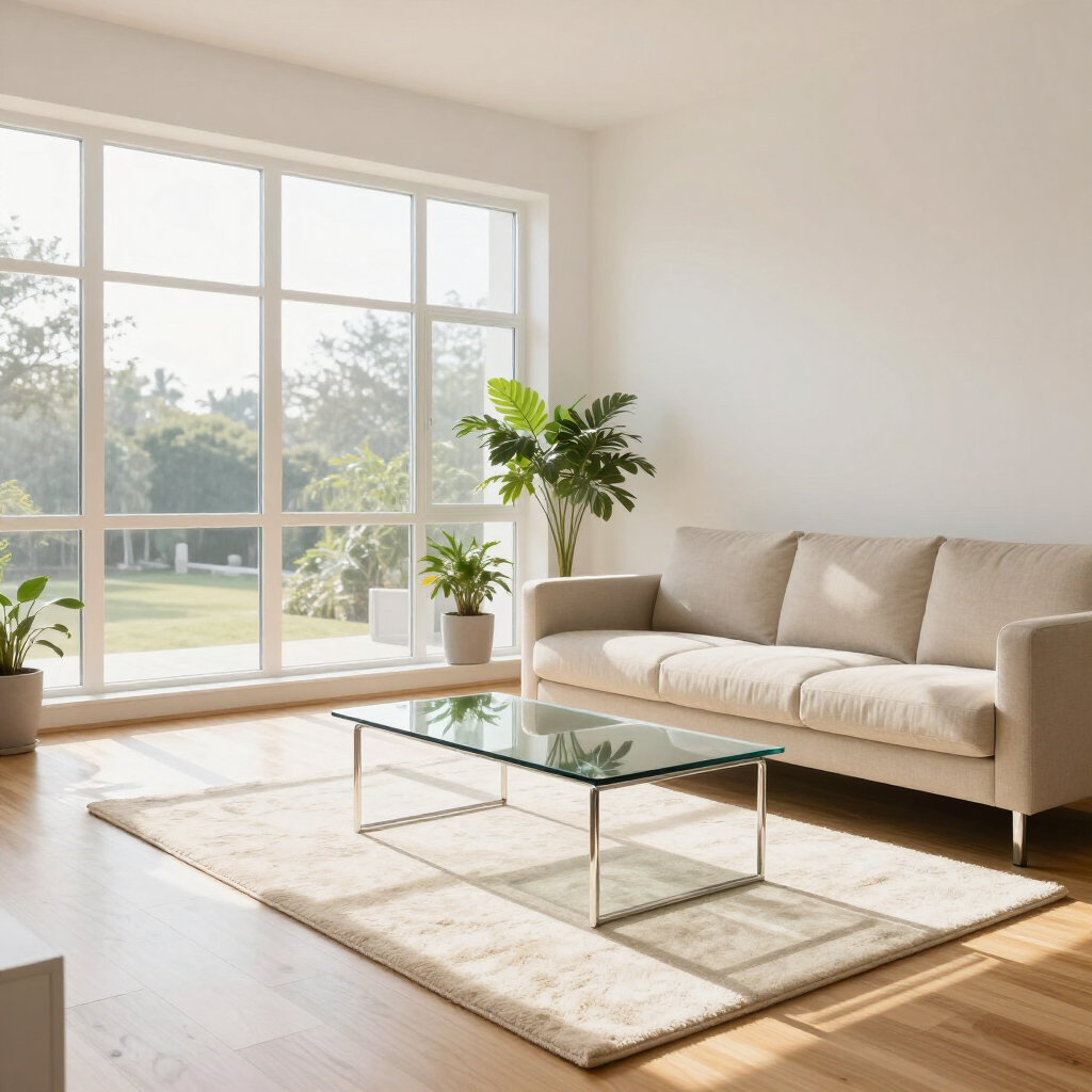 Bright modern living room with beige sofa, glass coffee table, and sunlight through large windows