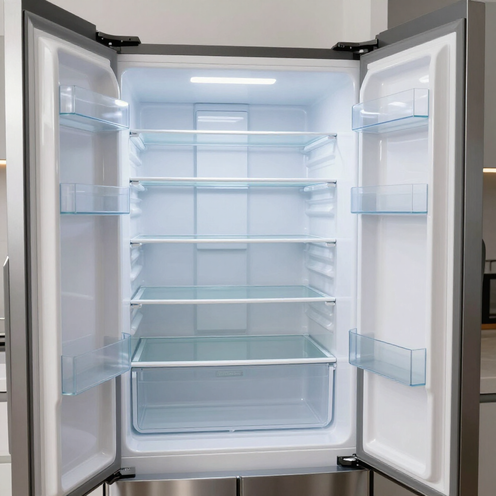 Open empty stainless steel refrigerator with glass shelves and door racks