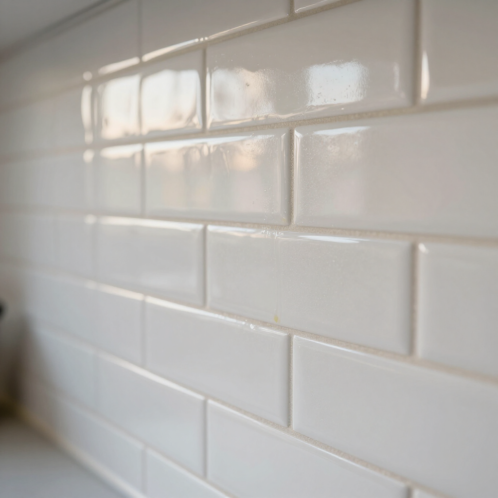 Glossy white subway tile wall with soft reflections