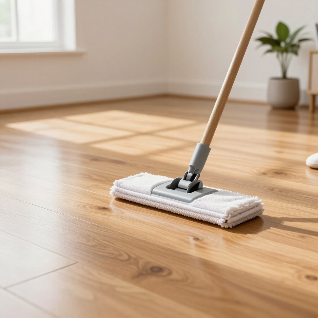 Mop cleaning a sunlit hardwood floor in a bright room
