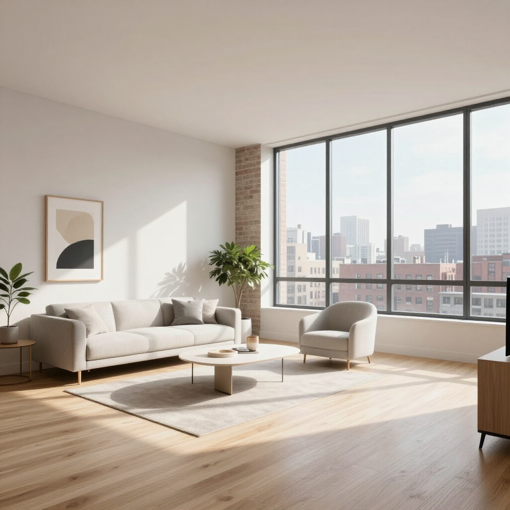 Bright living room with beige sofa, armchair, coffee table, and large windows overlooking a city skyline.