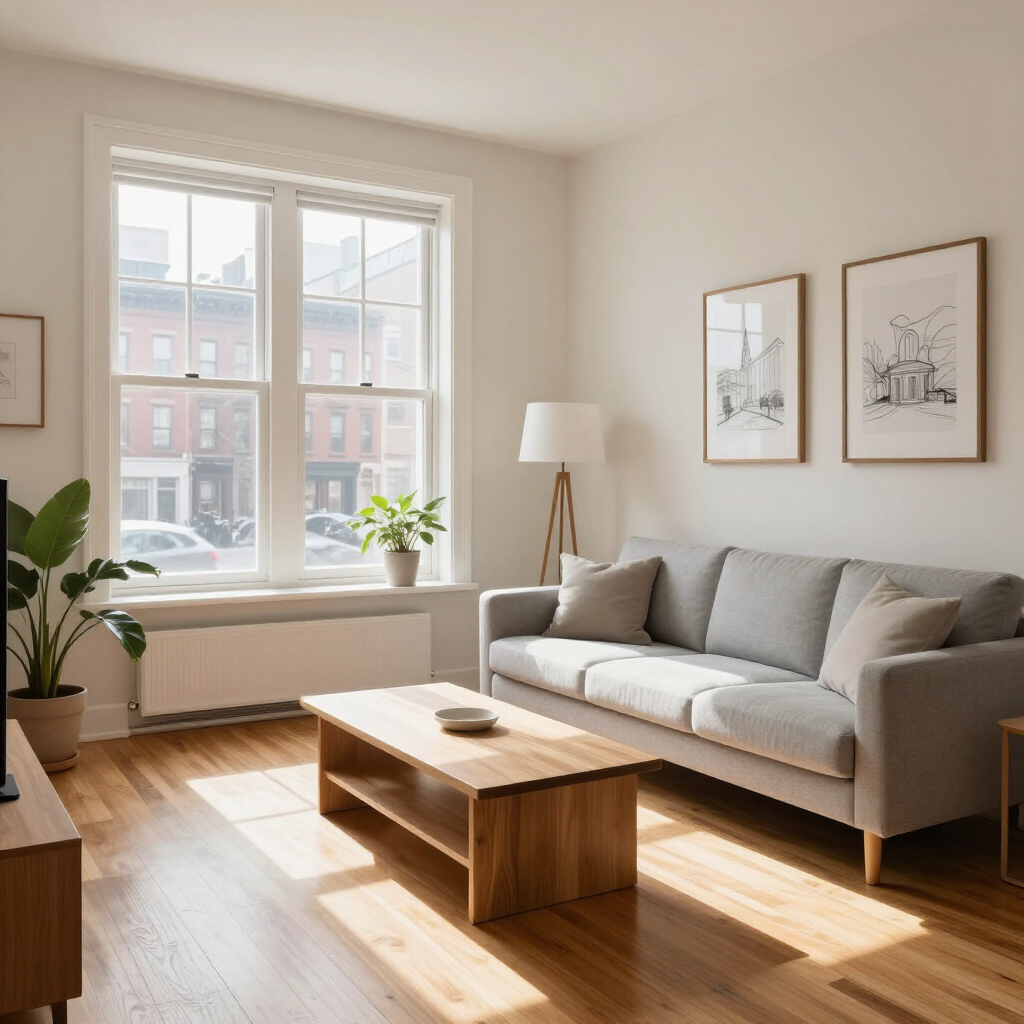 Bright living room with gray sofa, wooden coffee table, large window, floor lamp, and potted plants.