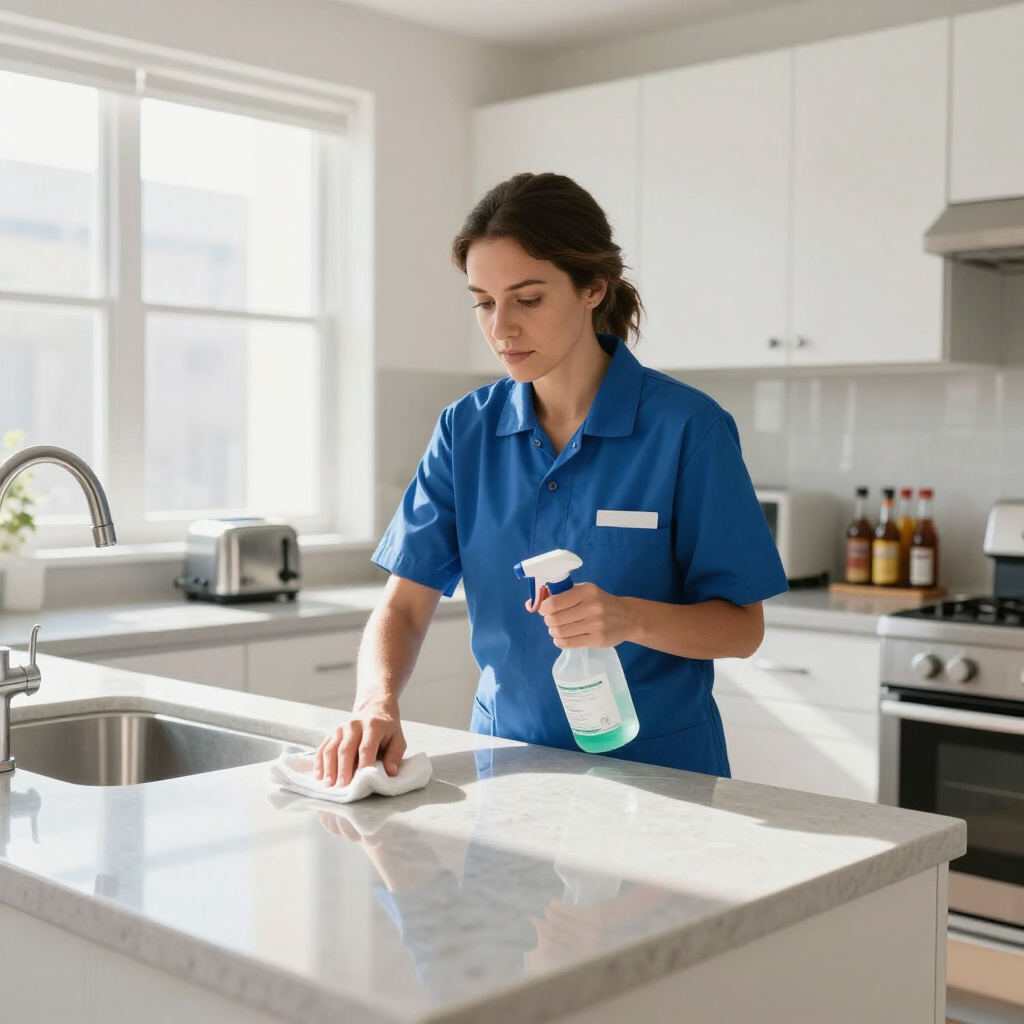 Cleaner wiping a kitchen counter with a spray bottle in a bright, modern kitchen