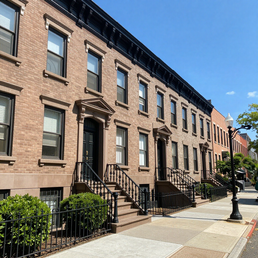 Row of brownstone townhouses on a sunny city street with stoops and black iron railings