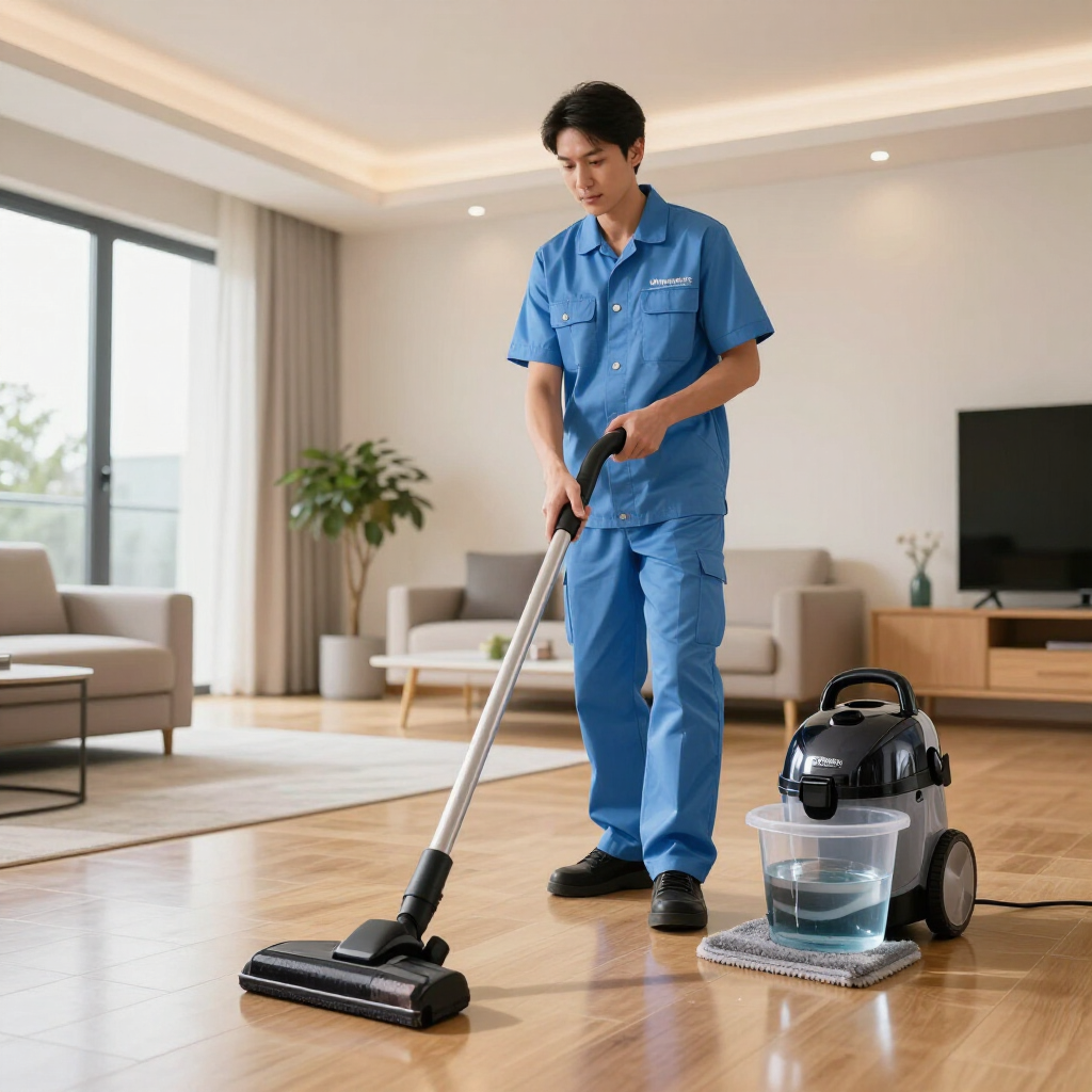 Technician vacuuming a bright living room beside a canister vacuum cleaner