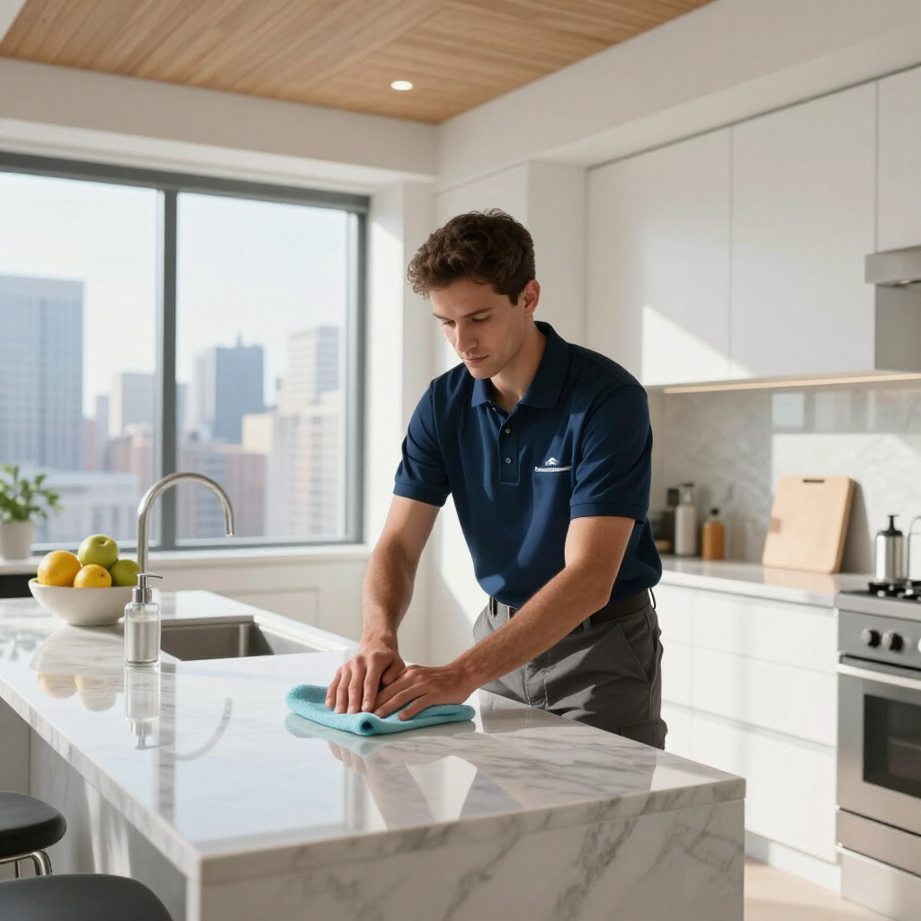 Man wiping a kitchen island with a cloth in a bright modern kitchen