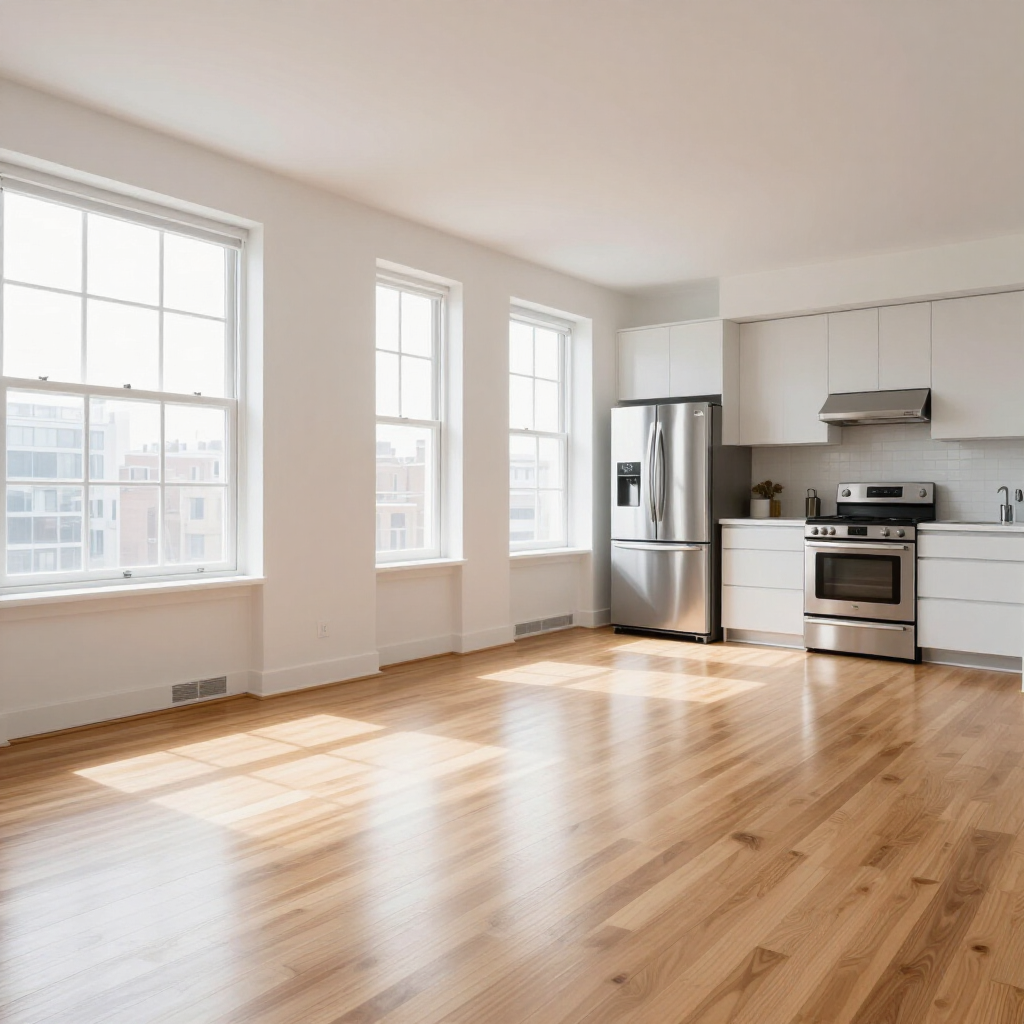 Bright empty kitchen and living area with hardwood floors, large windows, stainless steel appliances, and white cabinets