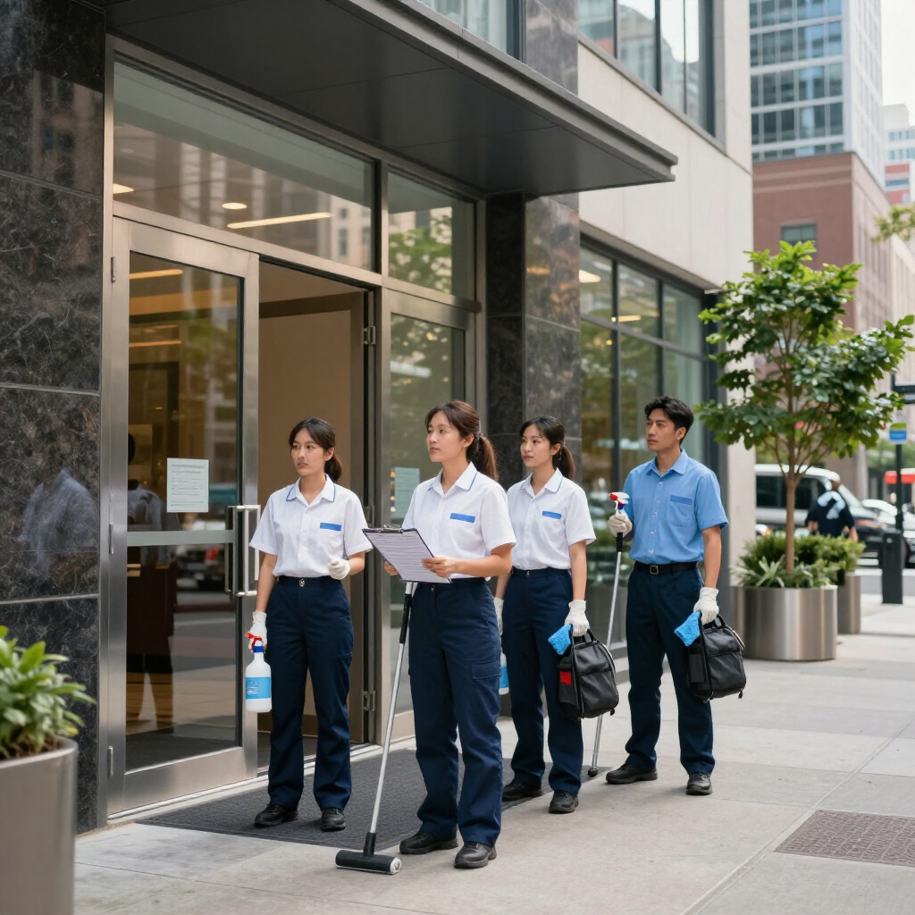 Four cleaners in white and blue uniforms walk past a storefront, carrying cleaning supplies and trash bags.