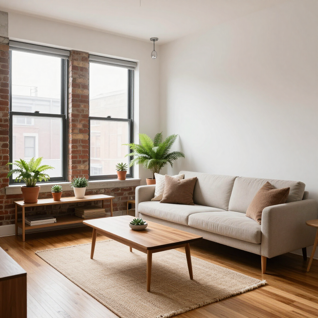 Bright living room with beige sofa, wooden coffee table, plants, and large windows with brick accents.