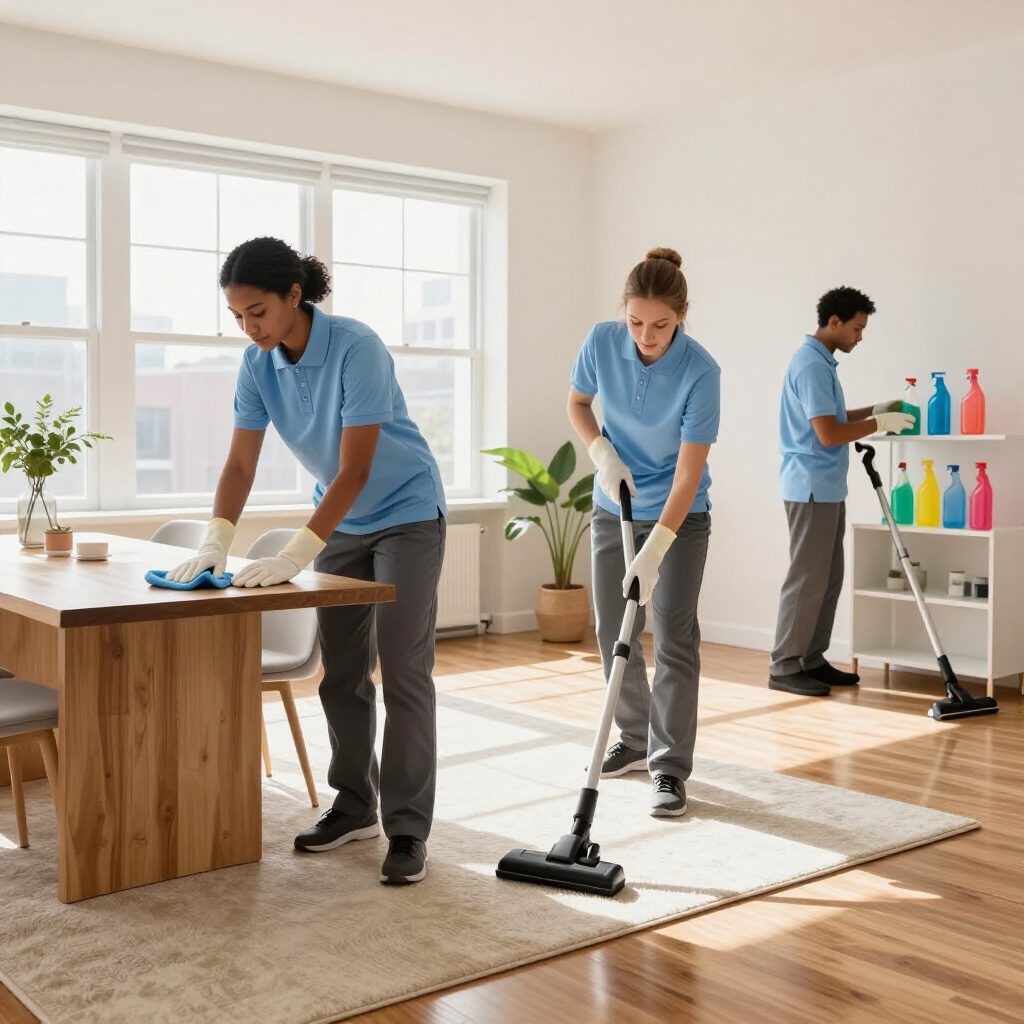 Three cleaners in blue shirts vacuum and wipe a bright living room with cleaning supplies nearby.