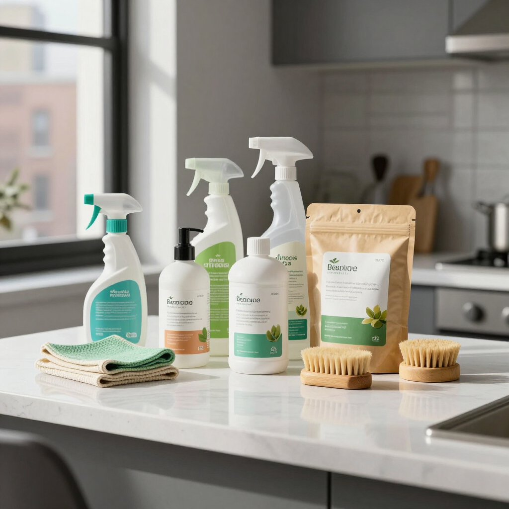 Eco cleaning products and scrub brushes arranged on a bright kitchen counter near a window.