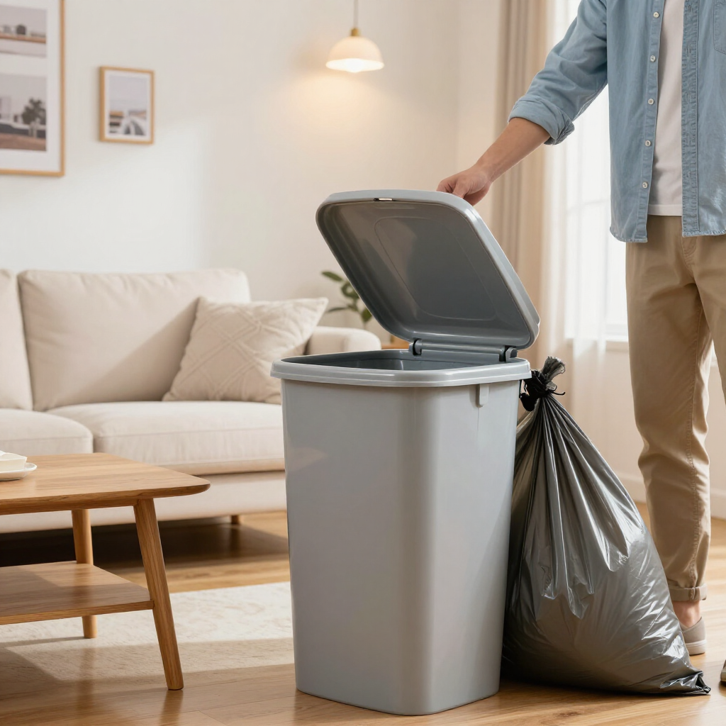 Person emptying a black trash bag into a gray bin in a bright living room