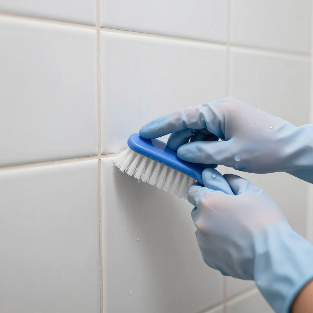 Gloved hands scrubbing white bathroom tiles with a blue brush