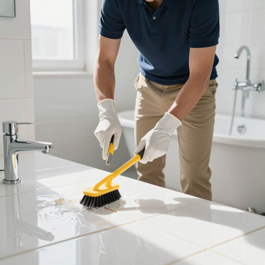 Person scrubbing a white bathroom sink with a yellow brush and gloves