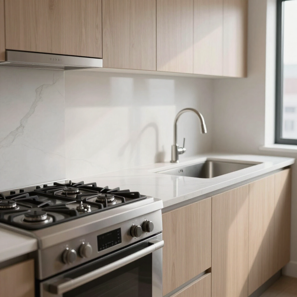 Modern kitchen with light wood cabinets, stainless stove, white countertop, and sink by a window