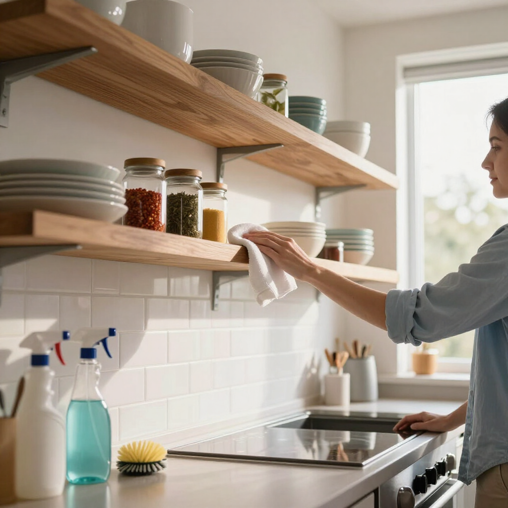 Person wiping a kitchen shelf beside a stove, with jars, dishes, and cleaning spray on a bright countertop.