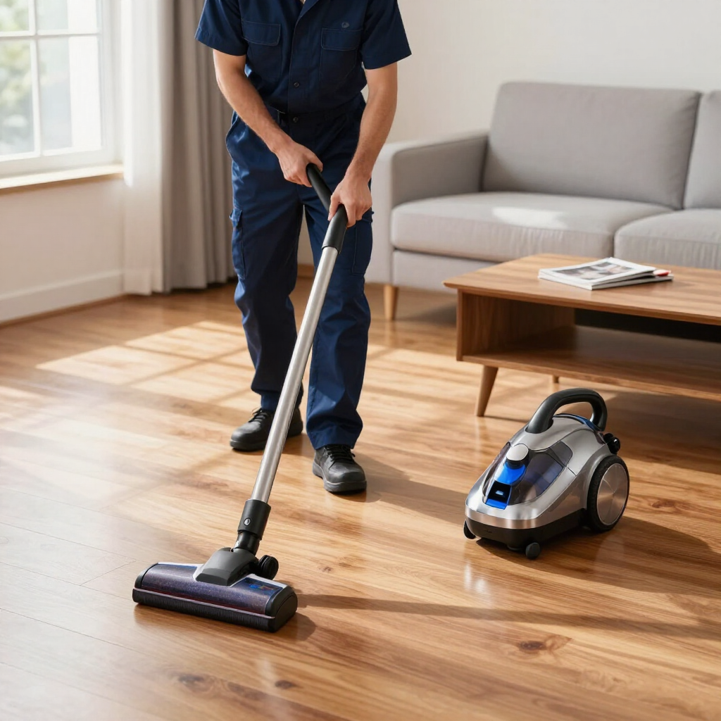 Person vacuuming a wooden floor in a bright living room, with a canister vacuum nearby.