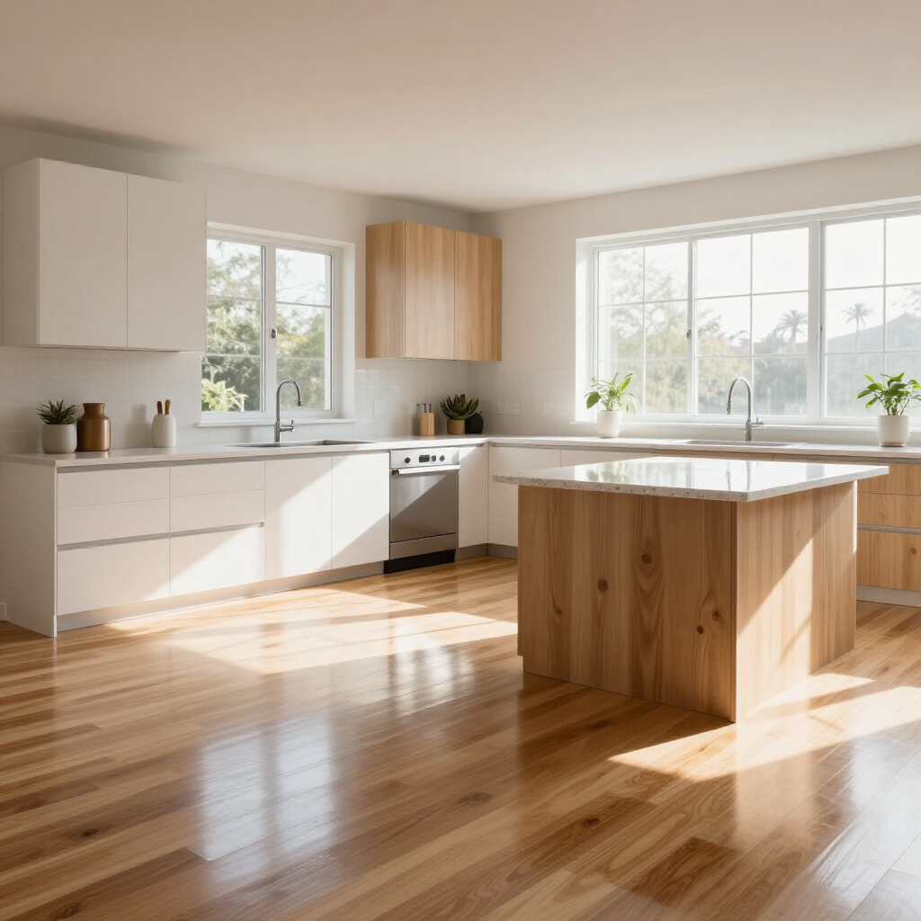Bright modern kitchen with white cabinets, wood island, and sunlit hardwood floor.