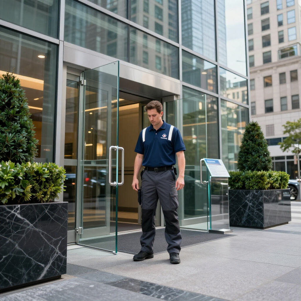 Man standing outside a glass office entrance beside planters and a security pedestal