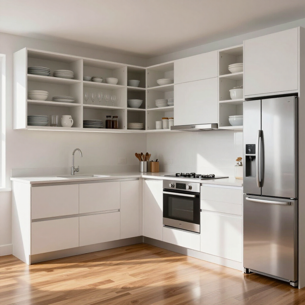 Modern white kitchen with open cabinets, stainless steel refrigerator, stove, and wood floor