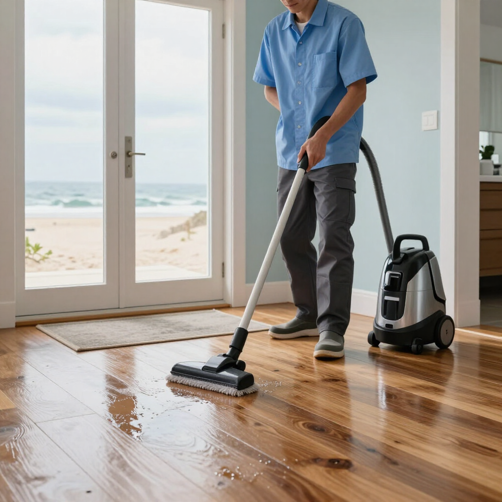 Person vacuuming a wet wooden floor in a bright beach house with ocean view
