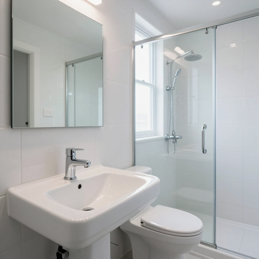 Modern white bathroom with sink, mirror, toilet, and glass-enclosed shower