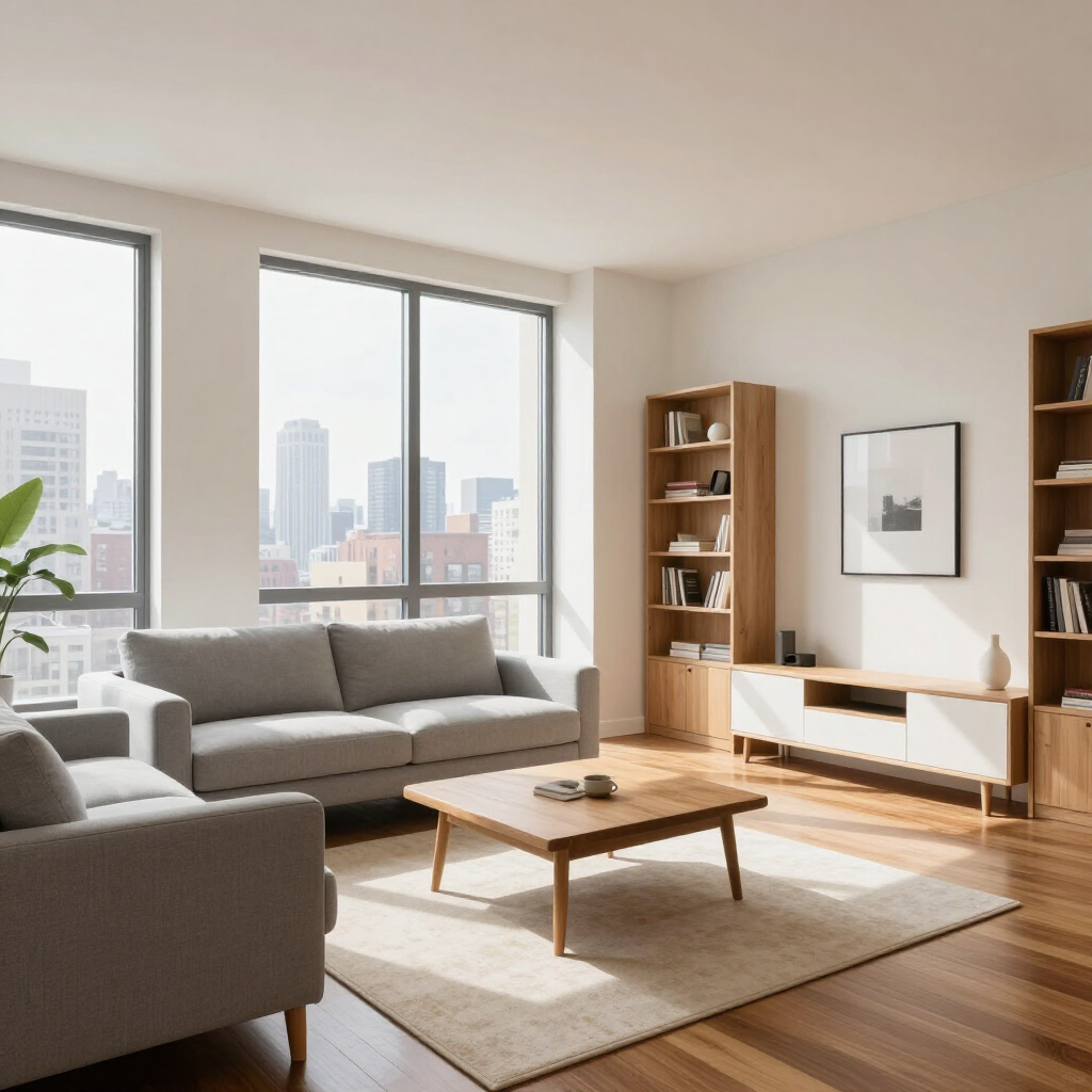 Bright modern living room with gray sofa, wooden coffee table, bookshelf, and large city-view windows