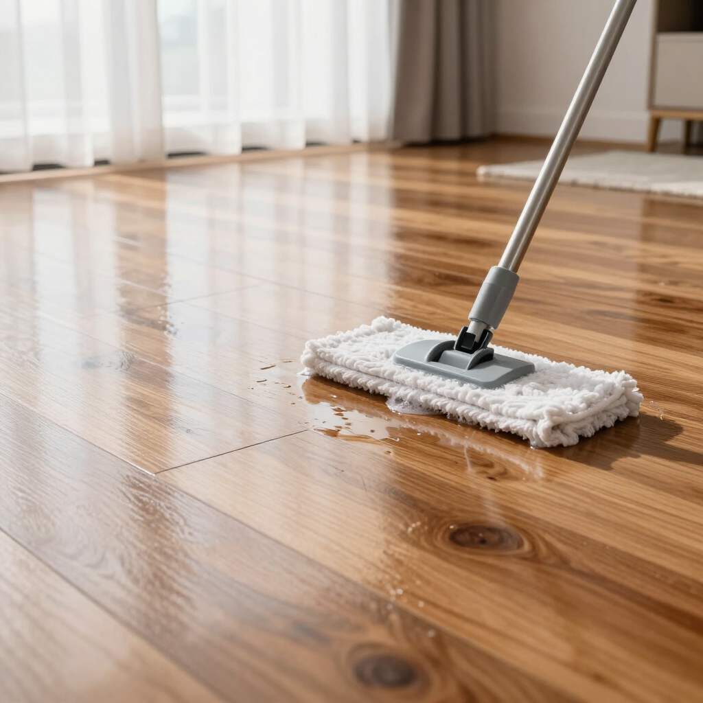 Mop cleaning a wet hardwood floor in a bright room