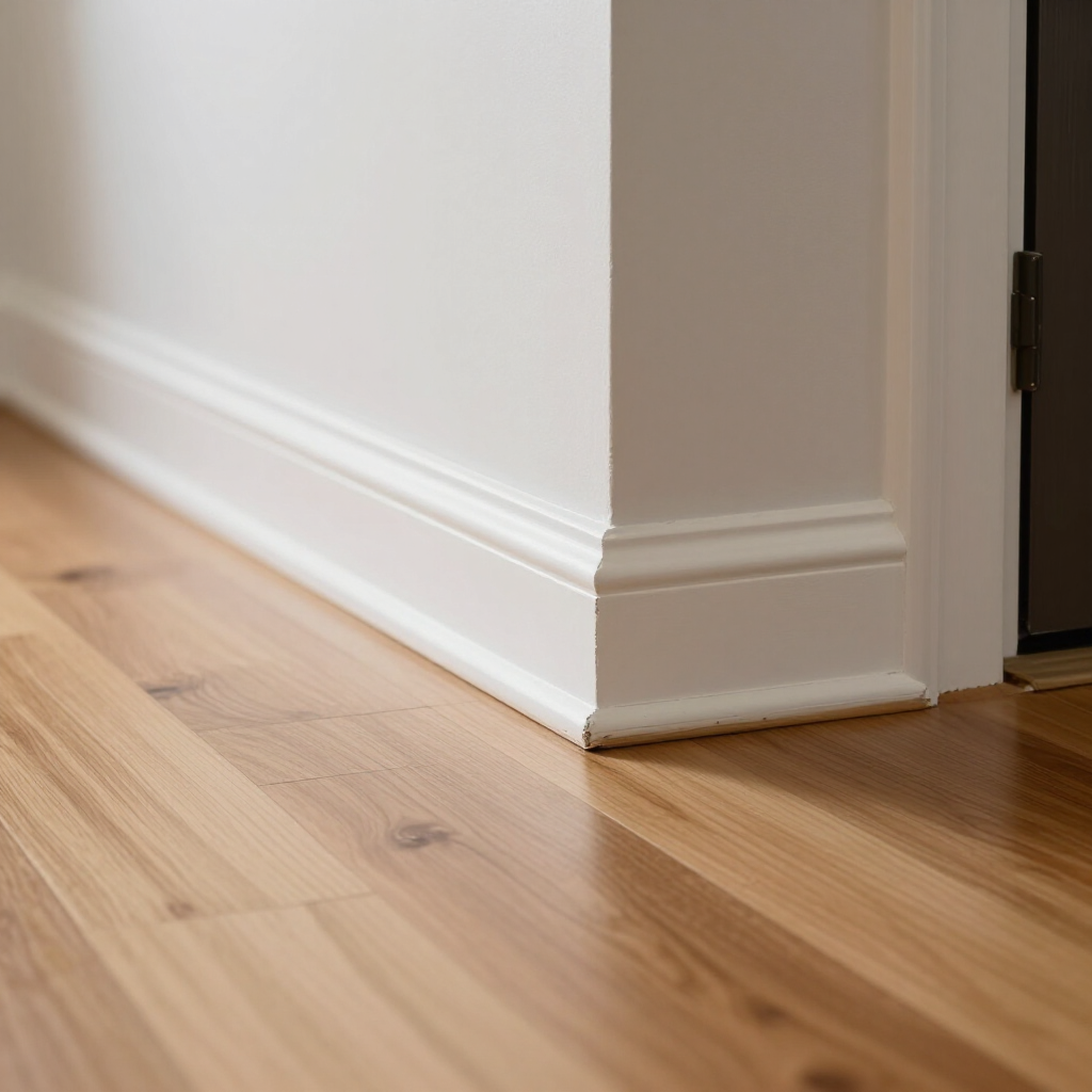 White baseboard corner beside a doorway on a light hardwood floor