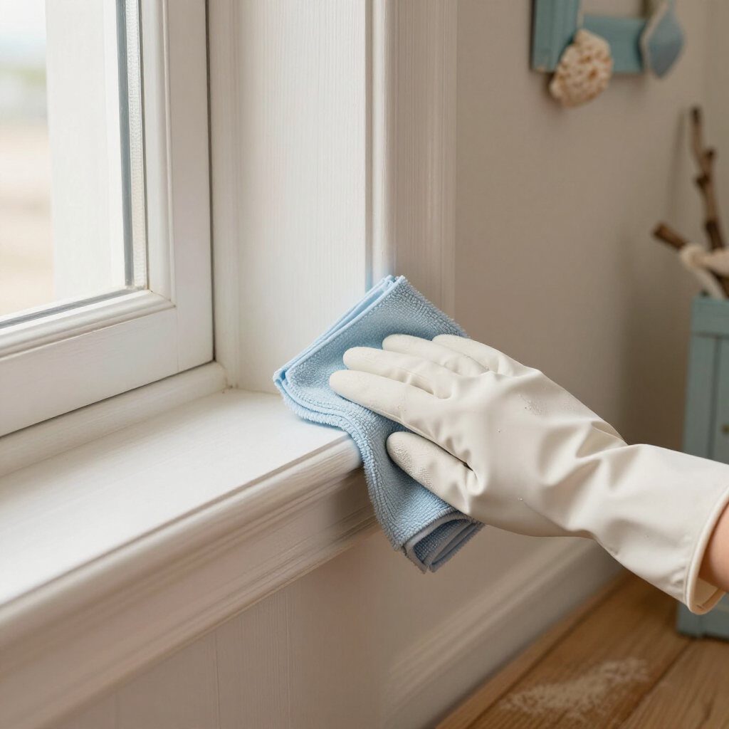 Gloved hand wiping a white window sill with a blue cloth beside a sunlit window