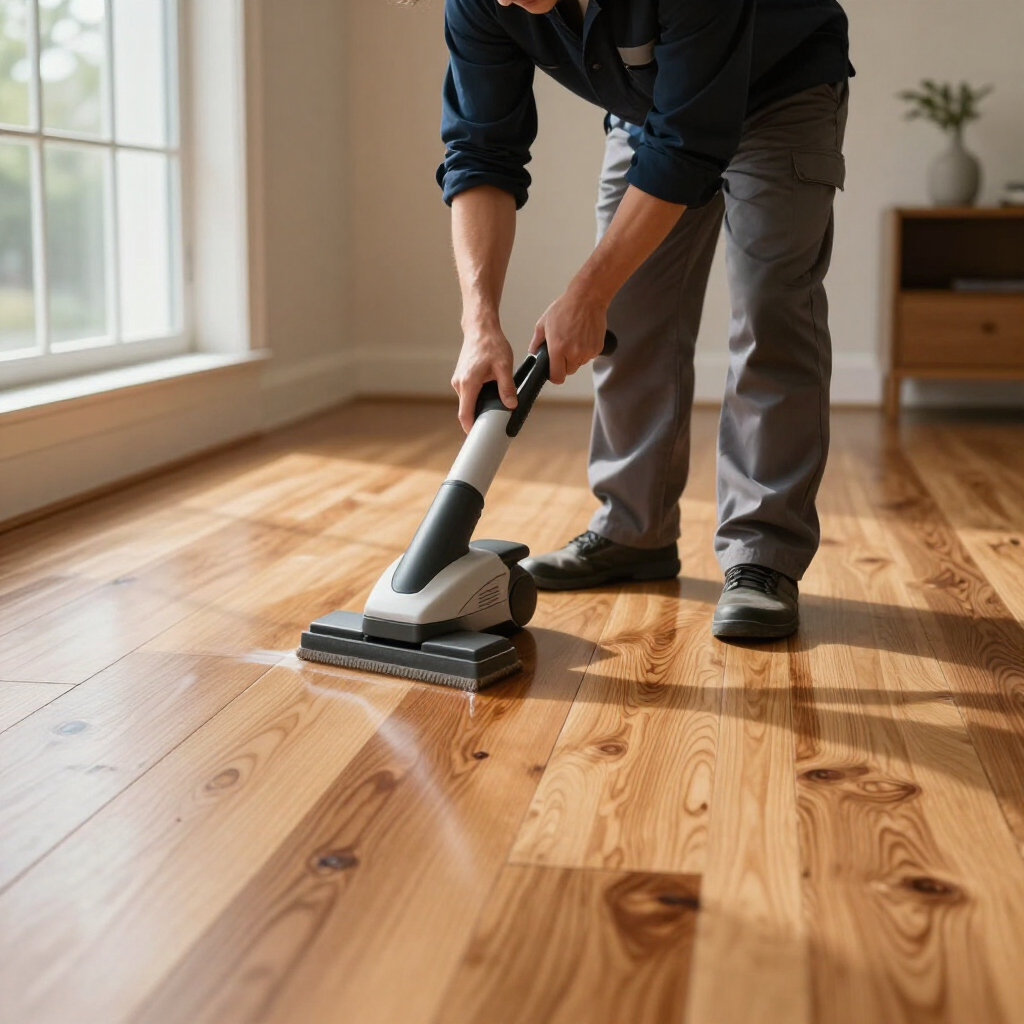 Person vacuuming a sunlit hardwood floor in a home room