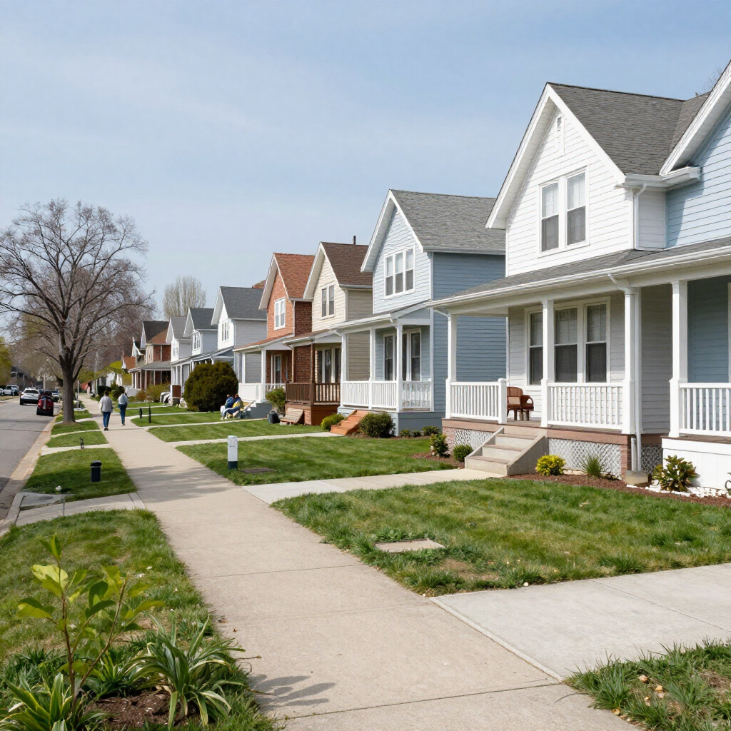Residential street with row of white houses, front porches, sidewalks, and green lawns on a sunny day
