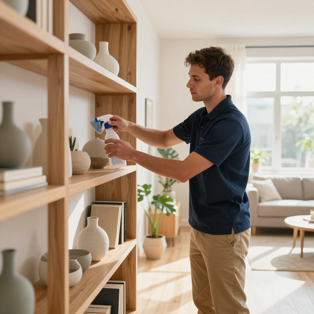 Man arranging a wooden shelf with a blue spray bottle in a bright living room