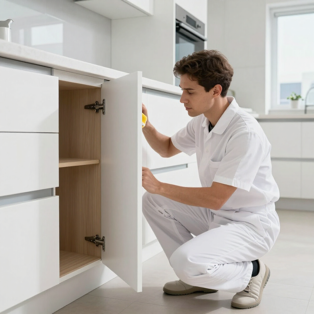 Person kneeling to install a white cabinet door in a bright modern kitchen