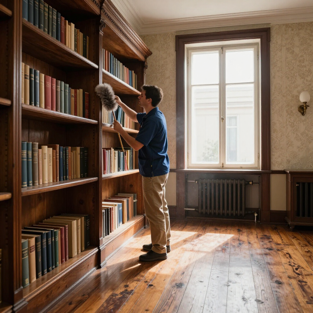 Person dusting books on tall wooden shelves in a sunlit library room