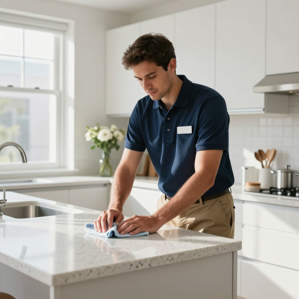 Man cleaning a white kitchen island with a cloth in a bright modern kitchen