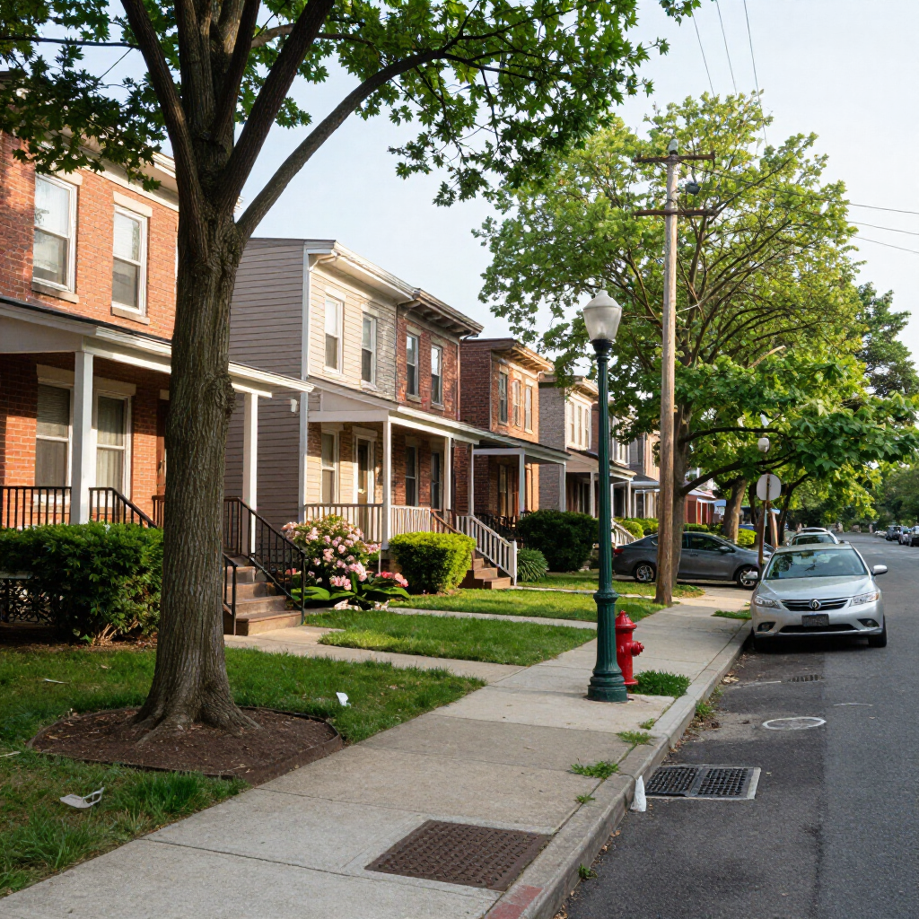 Quiet residential street with row houses, sidewalk trees, parked cars, and a red fire hydrant