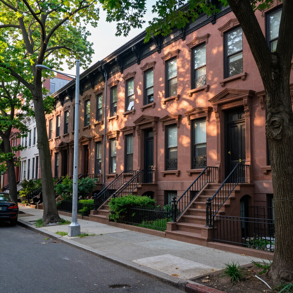 Tree-lined street with brownstone row houses in warm evening light, with parked cars and a sidewalk.