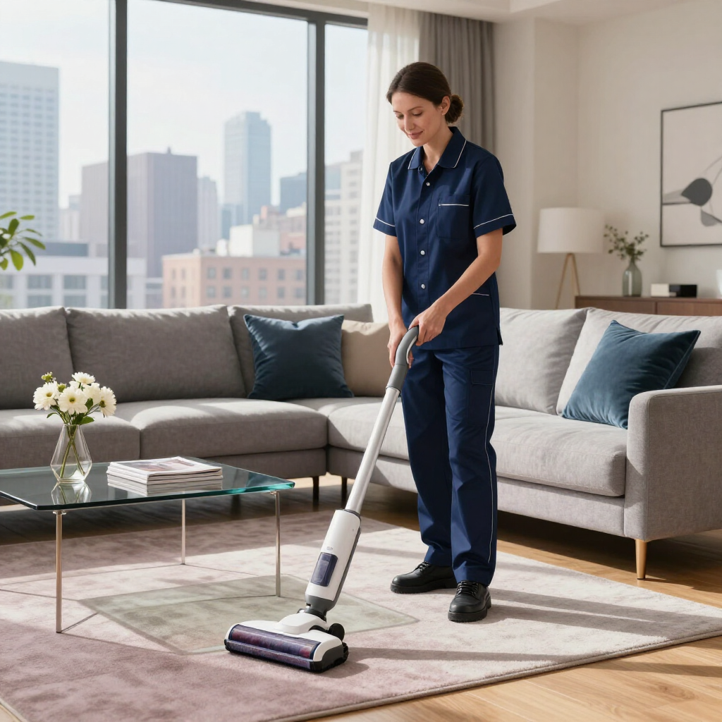 Person vacuuming a rug in a bright living room with a sofa and city view