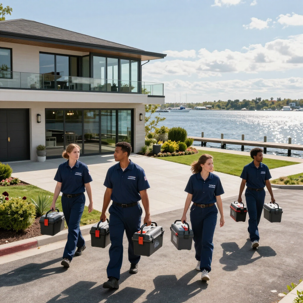 Four utility workers in navy uniforms carry tool cases outside a waterfront building.