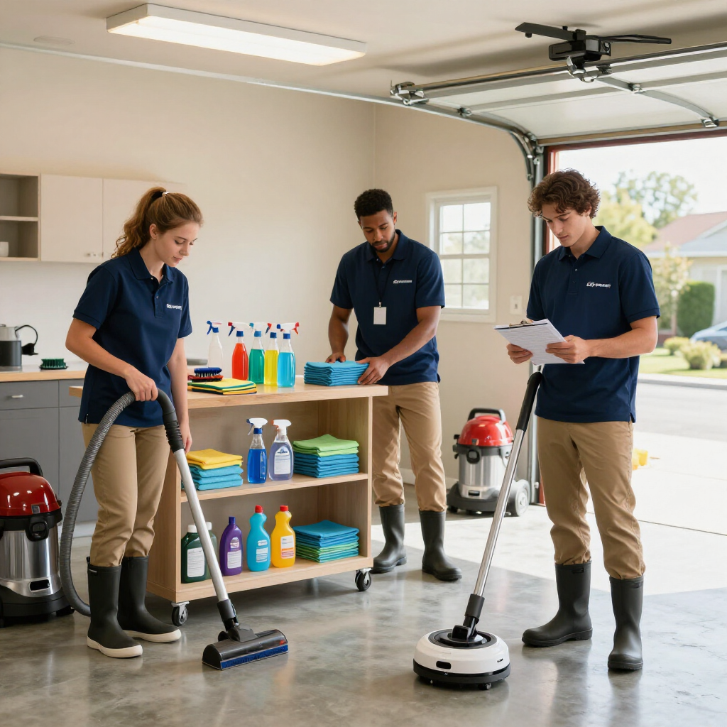 Three people cleaning a garage floor with mops and a floor scrubber beside shelves of cleaning supplies.
