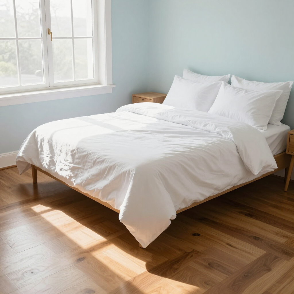 Bright bedroom with a neatly made white bed beside a sunlit window and wooden floor